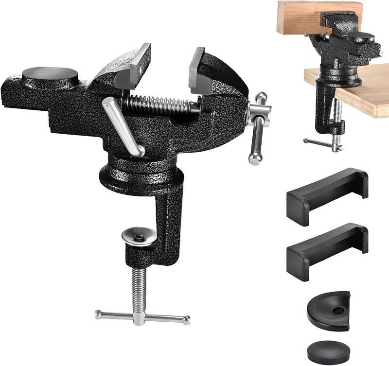 wiselifetech Bench Vise 3 inch Table Vice Clamp,360° Swivel Base Heavy Duty Home Bench Vice For Workbench Portable Vise for Woodworking,Metalworking, Cutting Conduit, Drilling, Sawing - Image 1